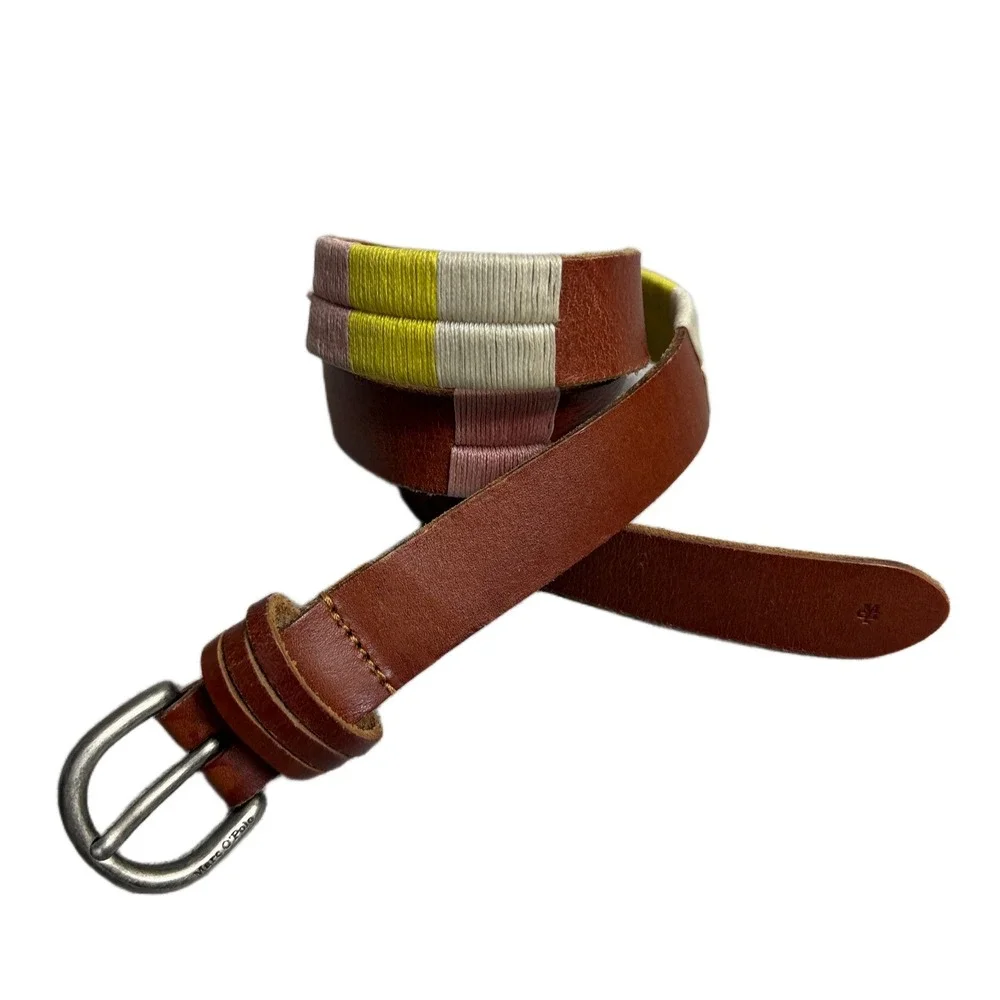 Marc O'Polo Leather Belt 80cm Brown Stripe Silver Buckle 1